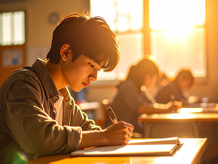 教室でノートをとる男の子