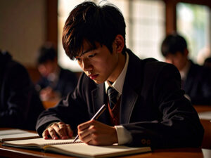 教室でノートをとる男の子