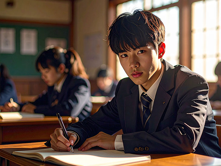 教室でノートをとる男の子