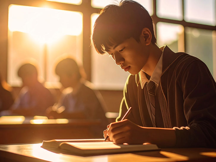 教室でノートをとる男の子