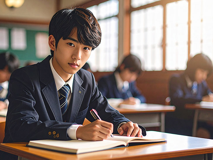 教室でノートをとる男の子