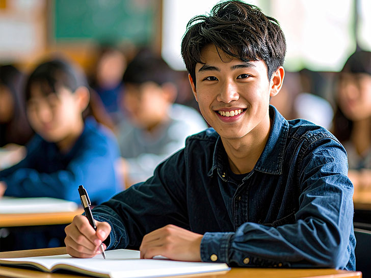 教室でノートをとる男の子