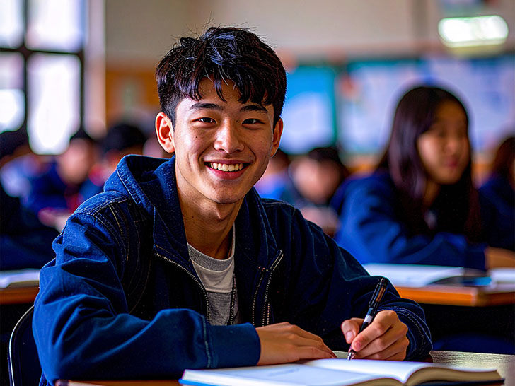 教室でノートをとる男の子