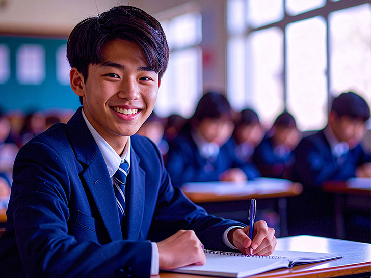 教室でノートをとる男の子