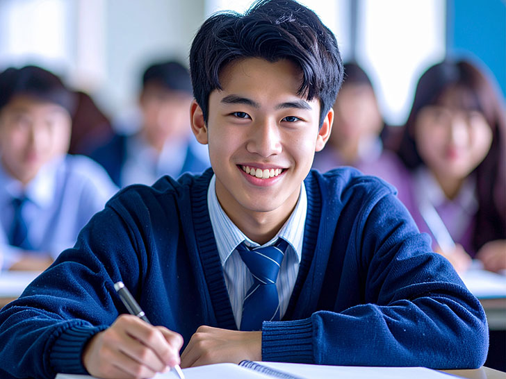 教室でノートをとる男の子