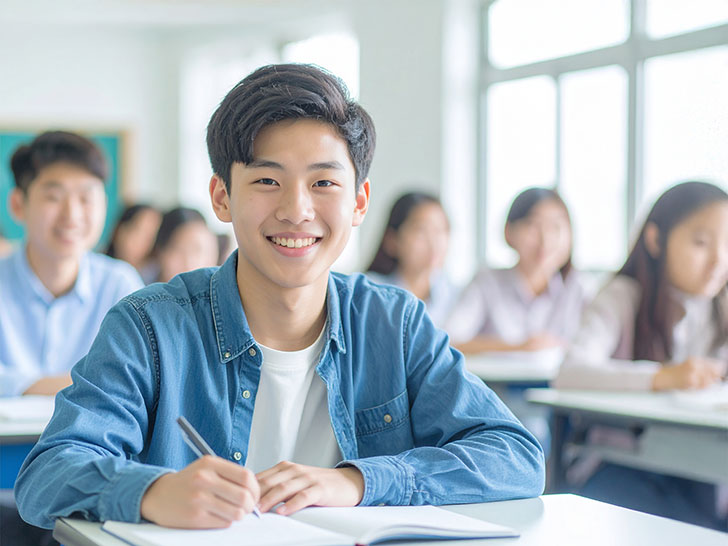 教室でノートをとる男の子