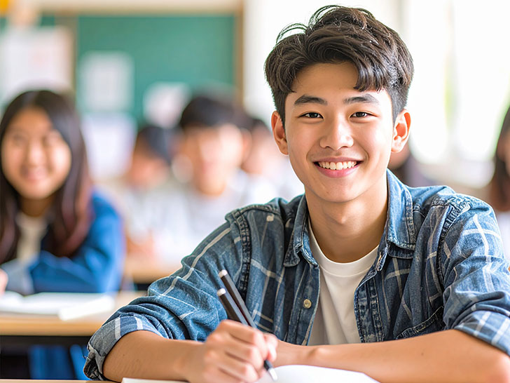 教室でノートをとる男の子