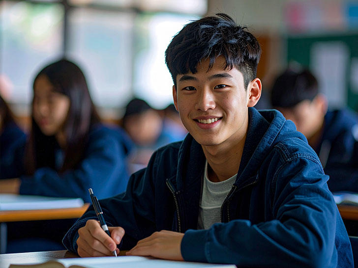 教室でノートをとる男の子