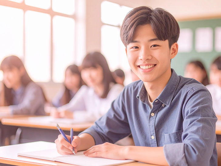 教室でノートをとる男の子