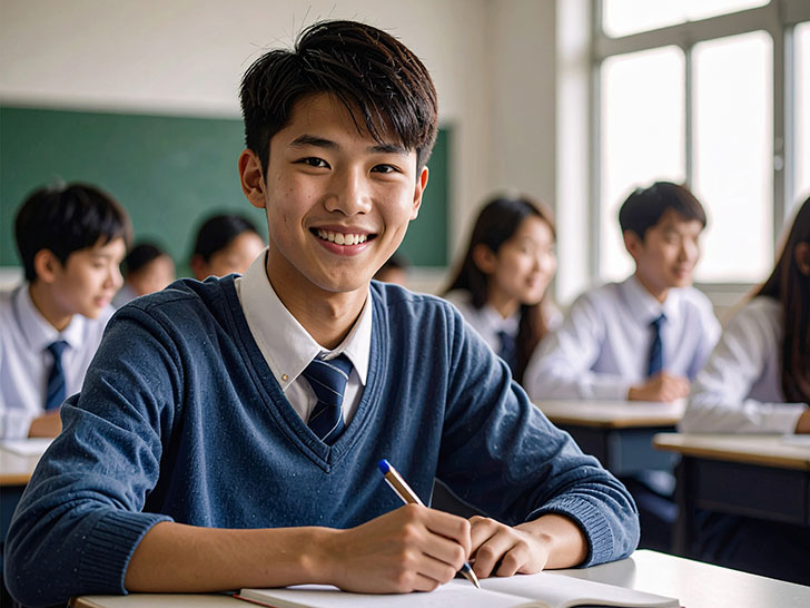 教室でノートをとる男の子