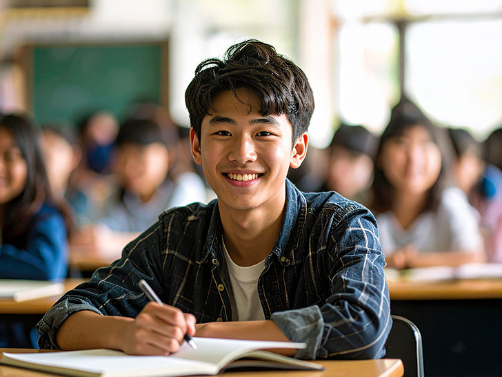 教室でノートをとる男の子