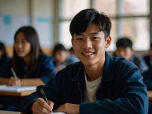 教室でノートをとる男の子