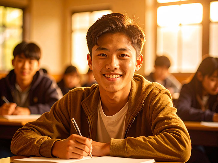 教室でノートをとる男の子