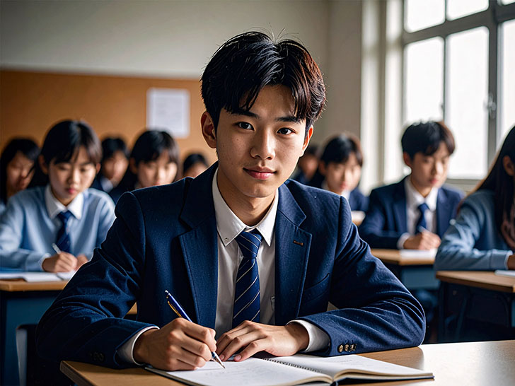 教室でノートをとる男の子