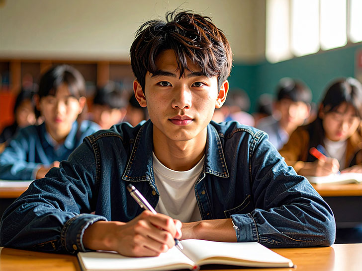 教室でノートをとる男の子