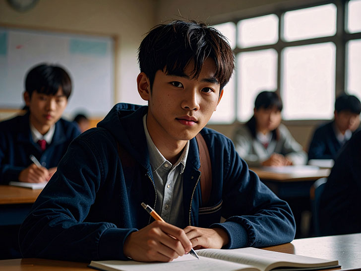 教室でノートをとる男の子