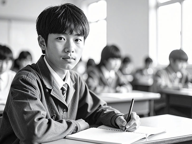 教室でノートをとる男の子