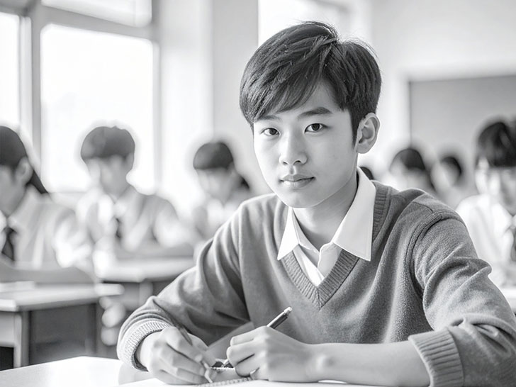 教室でノートをとる男の子