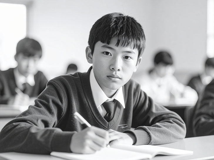 教室でノートをとる男の子