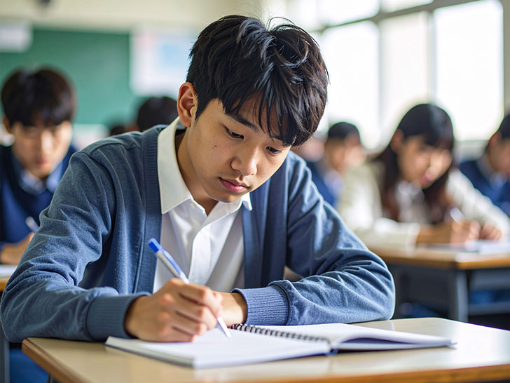 教室でノートをとる男の子