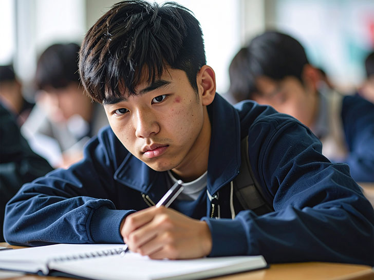 教室でノートをとる男の子