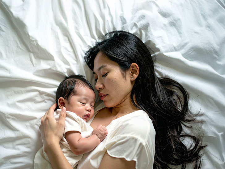 赤ちゃんと一緒に眠るお母さん