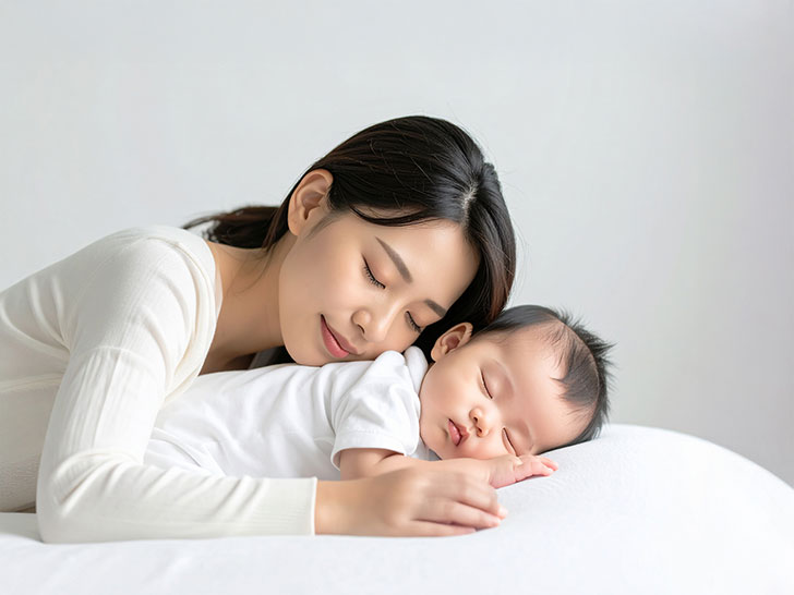 赤ちゃんと一緒に眠るお母さん