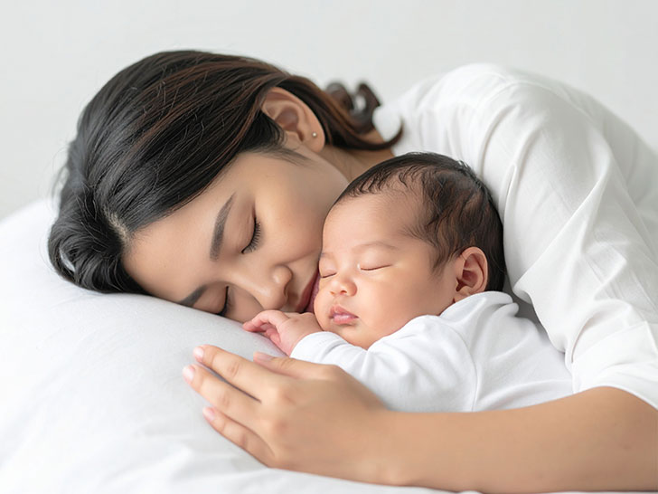 赤ちゃんと一緒に眠るお母さん