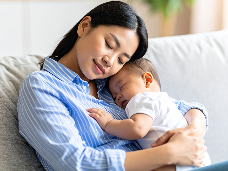 赤ちゃんと一緒に眠るお母さん