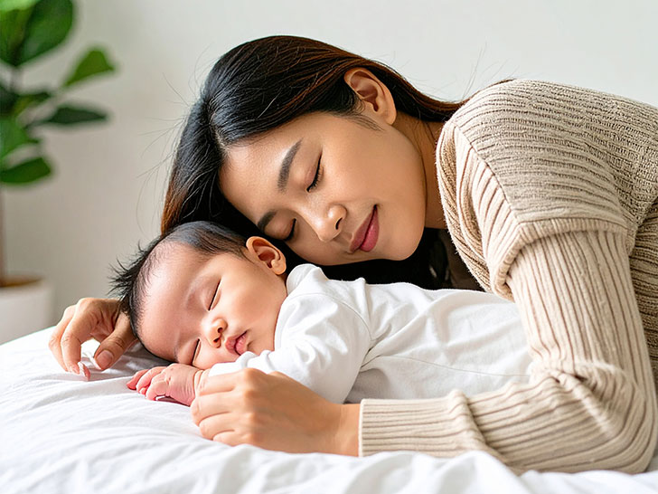 赤ちゃんと一緒に眠るお母さん