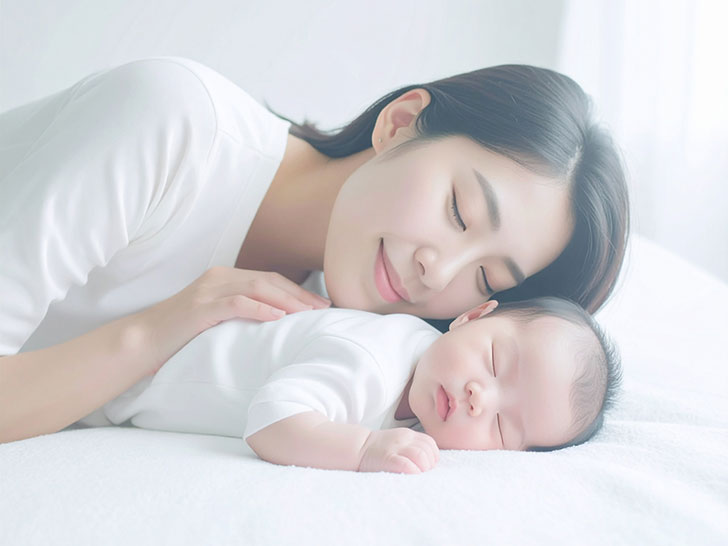 赤ちゃんと一緒に眠るお母さん