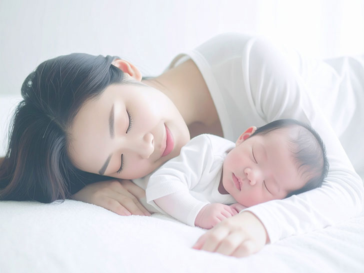 赤ちゃんと一緒に眠るお母さん