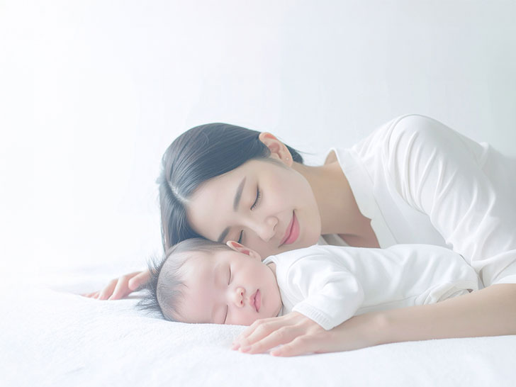 赤ちゃんと一緒に眠るお母さん