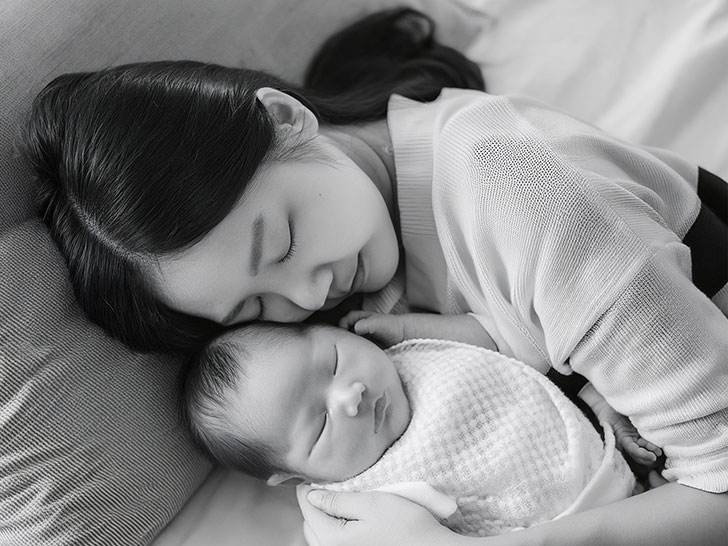 赤ちゃんと一緒に眠るお母さん