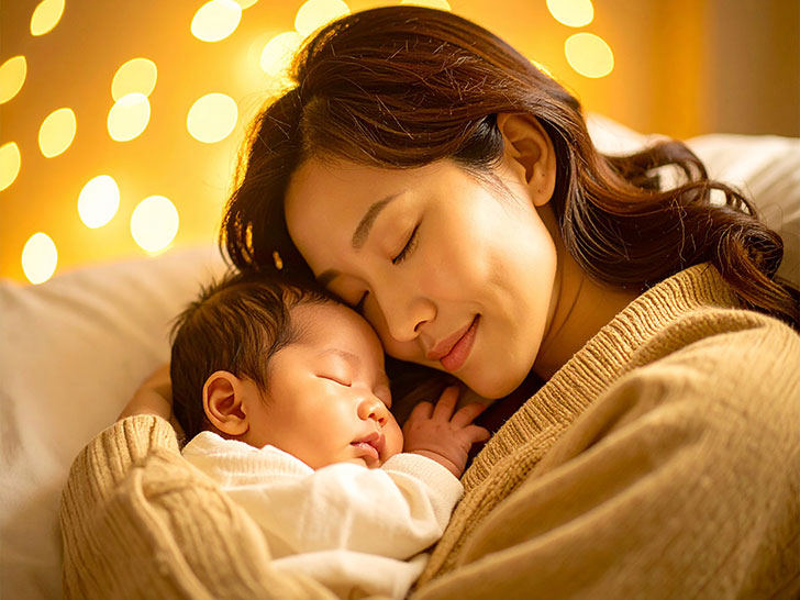 赤ちゃんと一緒に眠るお母さん