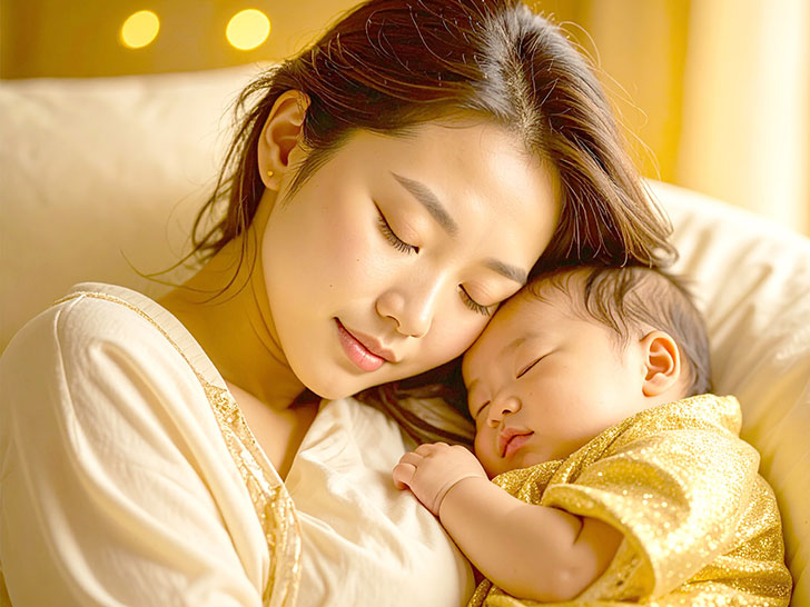赤ちゃんと一緒に眠るお母さん