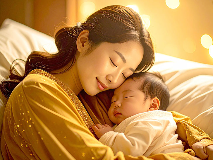赤ちゃんと一緒に眠るお母さん