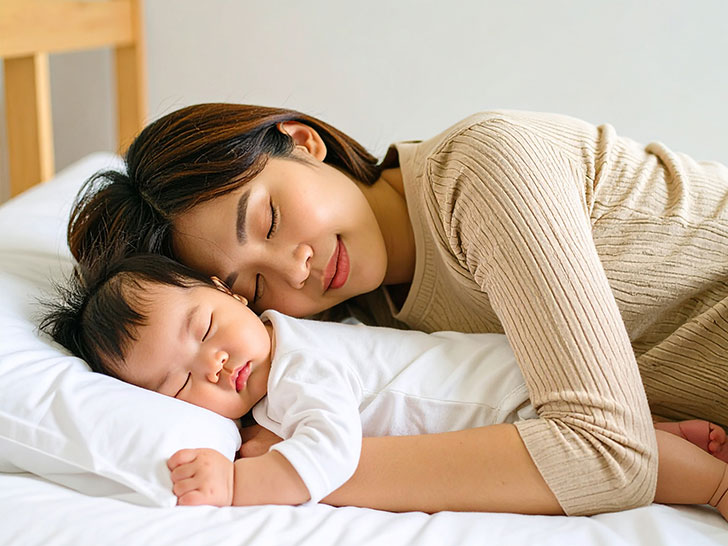 赤ちゃんと一緒に眠るお母さん