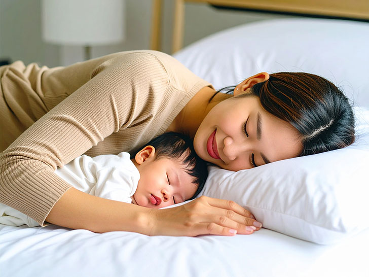 赤ちゃんと一緒に眠るお母さん