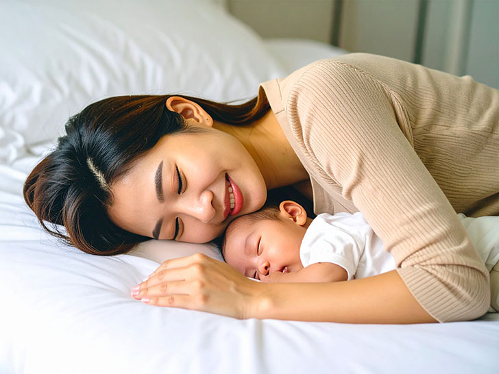 赤ちゃんと一緒に眠るお母さん