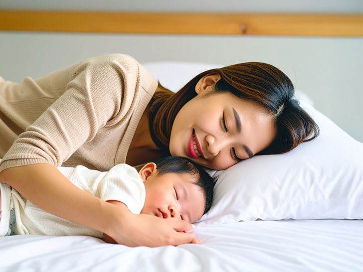 赤ちゃんと一緒に眠るお母さん