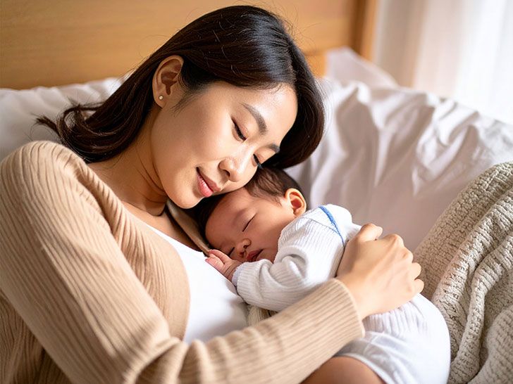 赤ちゃんと一緒に眠るお母さん