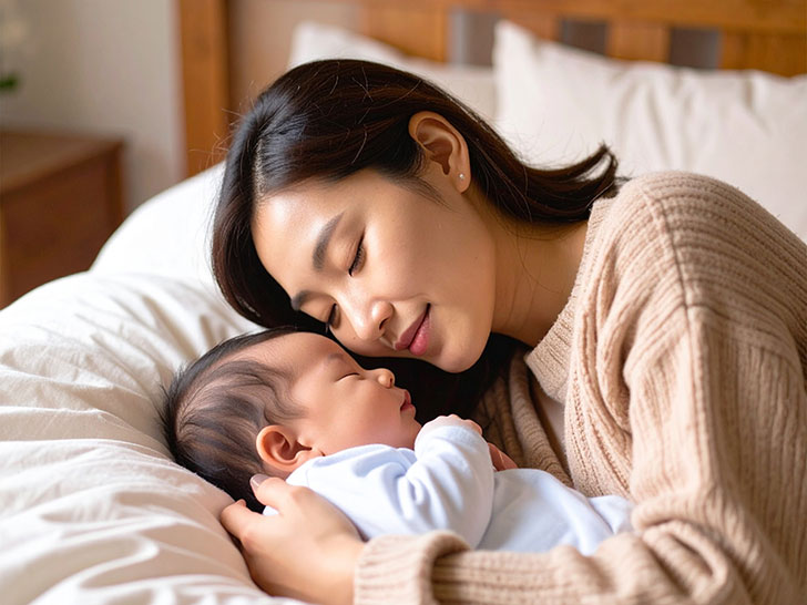 赤ちゃんと一緒に眠るお母さん