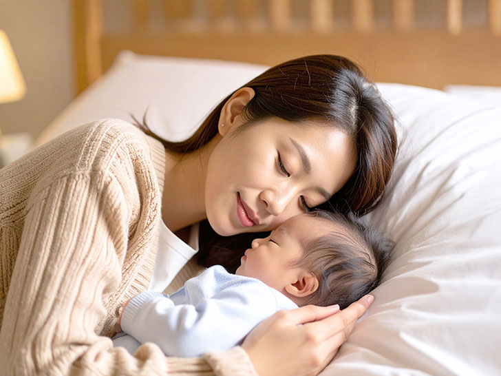 赤ちゃんと一緒に眠るお母さん