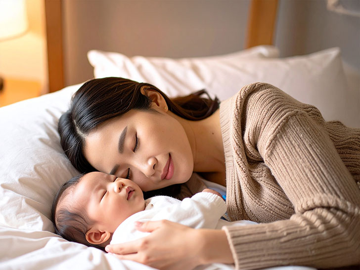 赤ちゃんと一緒に眠るお母さん