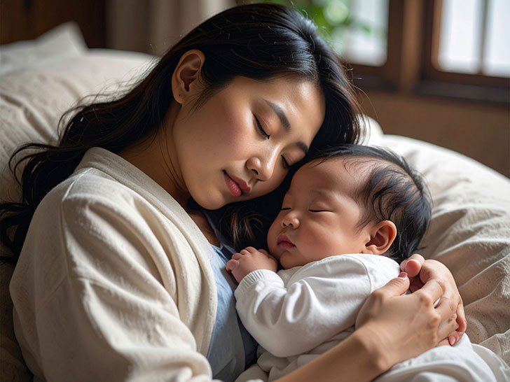 赤ちゃんと一緒に眠るお母さん