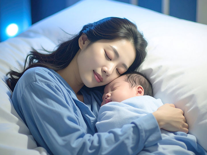 赤ちゃんと一緒に眠るお母さん