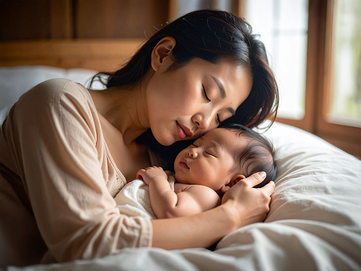 赤ちゃんと一緒に眠るお母さん