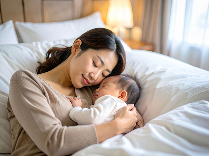 赤ちゃんと一緒に眠るお母さん