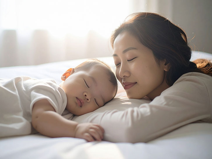 赤ちゃんと一緒に眠るお母さん